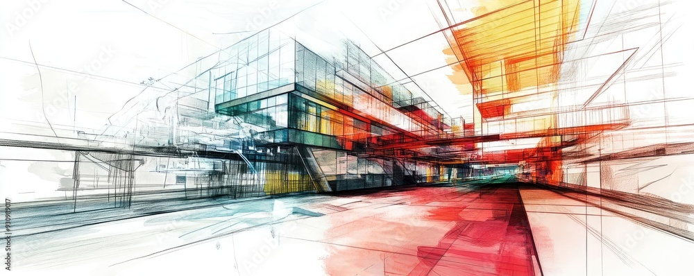 Poster A vibrant abstract representation of modern architecture, showcasing dynamic lines and colorful facets in a creative urban setting.