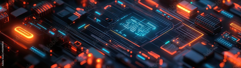 Poster futuristic circuit board illuminated with vibrant lights, showcasing advanced technology and intrica