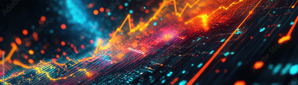 Aufkleber Vibrant digital graph with dynamic colorful lines and glowing particles, representing financial growth and data analytics.