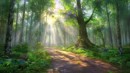 Fototapeta premium Sunbeams in a Lush Forest Path
