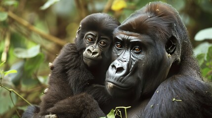 Obraz premium Gorillas are strong and intelligent primates, living in cohesive family groups in African jungles.