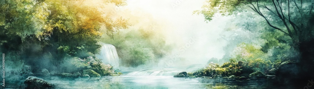 Poster serene landscape depicting a tranquil river with lush greenery and gentle sunlight filtering through