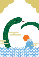 2025年巳年の富士山と青海波の年賀状縦07/緑・文字なし	
