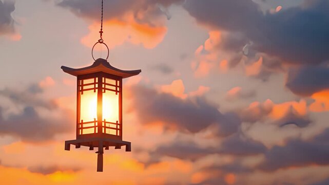 Chinese lanterns under the sunset in the sky