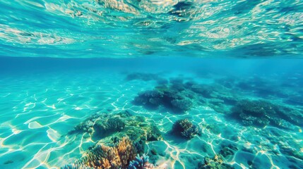 Fototapeta premium Crystal-clear sea with colorful coral reefs visible beneath, a perfect spot for a relaxing swim, summer sea, underwater, relaxing vibes