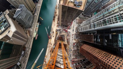 High-resolution images of skyscraper construction sites, capturing the towering progress.