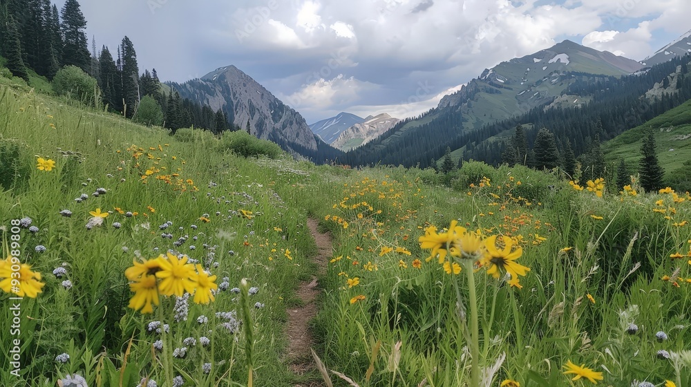 Poster hiking in the mountains during summer reveals beautiful wildflowers and lush greenery.