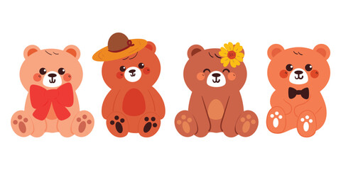 hand drawing cartoon bear sticker set. cute animal drawing, doodle set