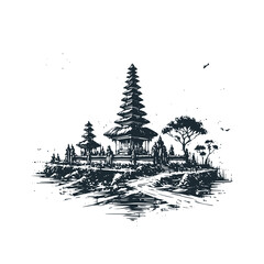 The bali landscape. Black white vector illustration.
