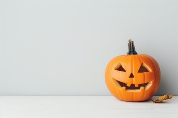 Smiling Jack-o'-Lantern: A friendly, carved pumpkin with a wide grin sits on a white surface against a light gray background, inviting viewers to celebrate the joy of Halloween.  
