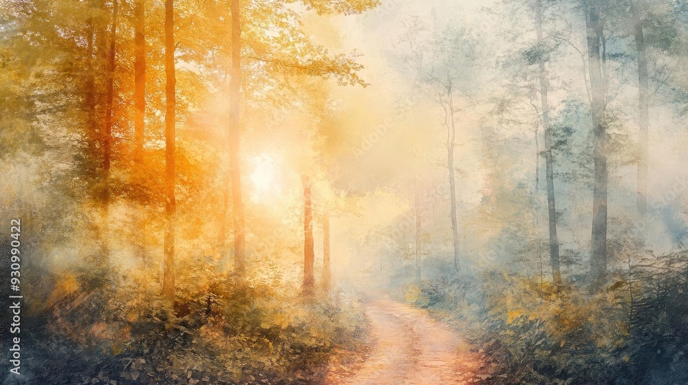 Aufkleber a serene forest path illuminated by golden sunlight, surrounded by misty trees, creating a tranquil 