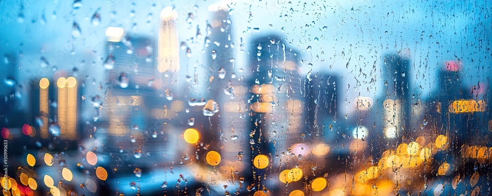 Poster a mesmerizing view of city lights through a rain-soaked window, creating a dreamy atmosphere filled 