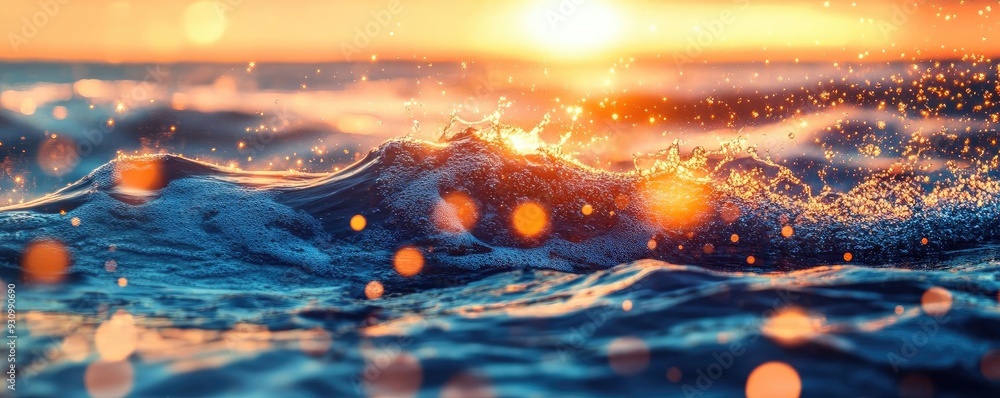 Poster a stunning sunset reflects on the ocean waves, creating a serene and tranquil atmosphere filled with