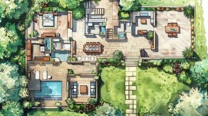 Illustrate a floor plan for a suburban family home, detailing the layout of living areas, bedrooms, and backyard space.