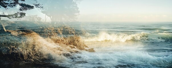 Fototapeta premium A serene coastal scene capturing the beauty of waves crashing against the shore, enhanced by soft morning light.