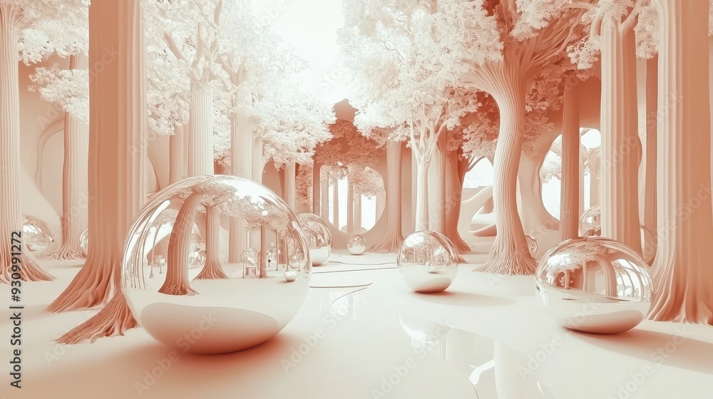 Poster surreal forest with reflective spheres and abstract trees