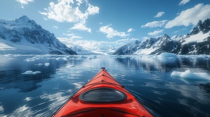 A vivid red kayak moves through tranquil icy waters under a cloudy sky, navigating among arctic ice formations and capturing the serene beauty of the environment.