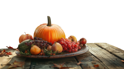 Isolated fall dish with fruits and vegetables on wooden table with transparent background for harvest festival.Pumpkins,zucchini,tomatoes,grapes,cherries and other delicious fruits for fall festivals