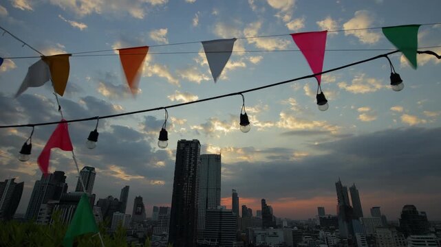 sunset sky bangkok downtown rooftop holiday decoration city panorama 4k timelapse thailand