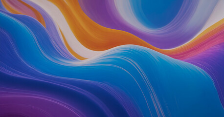 Obraz premium Abstract fluid art with vibrant waves of blue, purple, orange, and white creating a dynamic and colorful background.