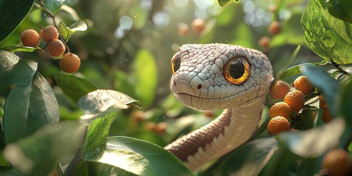 A cute little snake, in the forest surrounded by green leaves and small fruits, generative AI