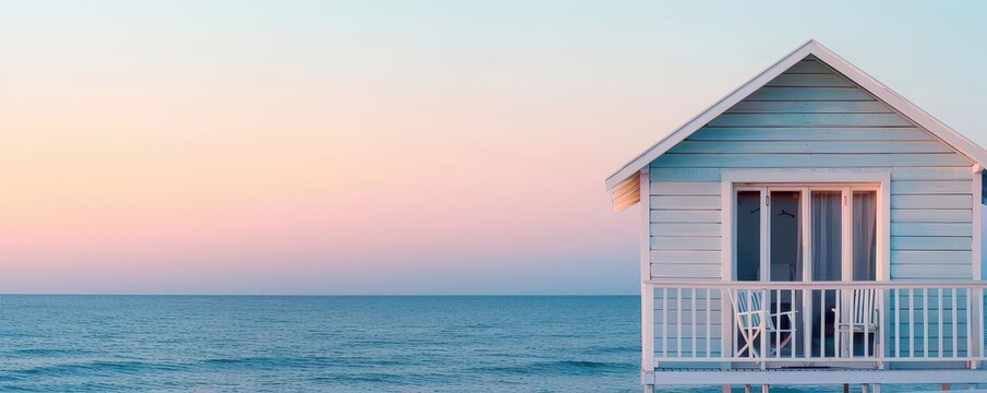 A cozy beach hut overlooking the sea, with a perfect view of the sunset, summer relaxation, sea, sunset vibes