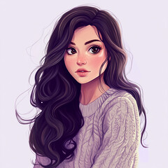 Naklejka premium Beautiful young woman with long dark hair and soft makeup 아름답고 긴 검은 머리에 부드러운 메이크업을 한 젊은 여성