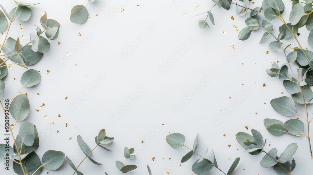 Poster eucalyptus leaves wreath on white background with golden branches flat lay top view with square copy