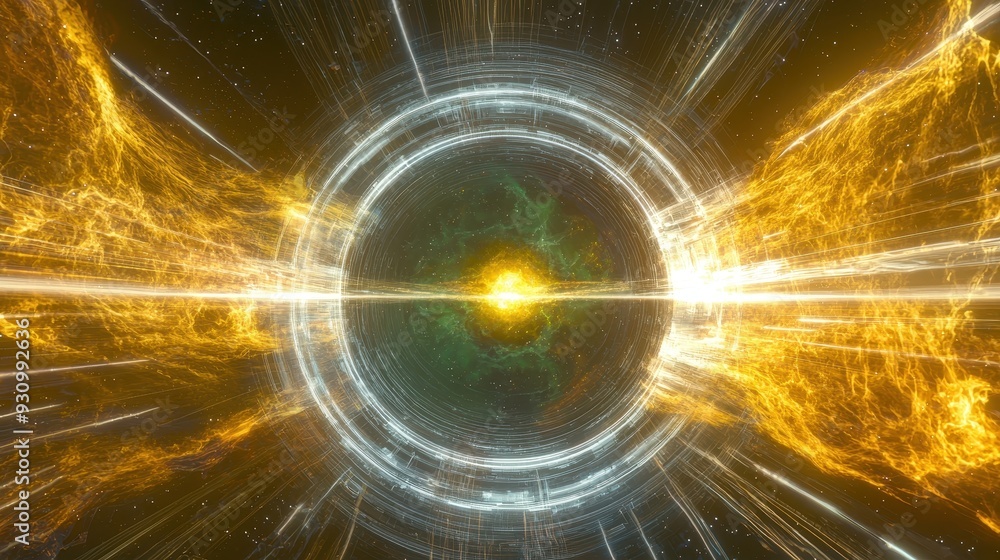 Poster abstract cosmic portal with bright golden rays and white circular pattern