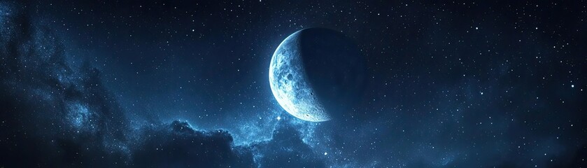 Fototapeta premium A stunning view of a blue moon illuminated by distant stars, set against a dark cosmic background, perfect for space themes.