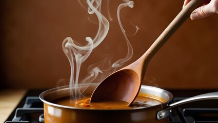 A worn honeybrown wooden spoon stirs a pot of steaming broth