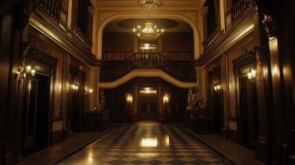 Obraz premium A grand and elegant foyer with a sweeping staircase, marble floors, and ornate chandeliers, creating a sense of history and grandeur.
