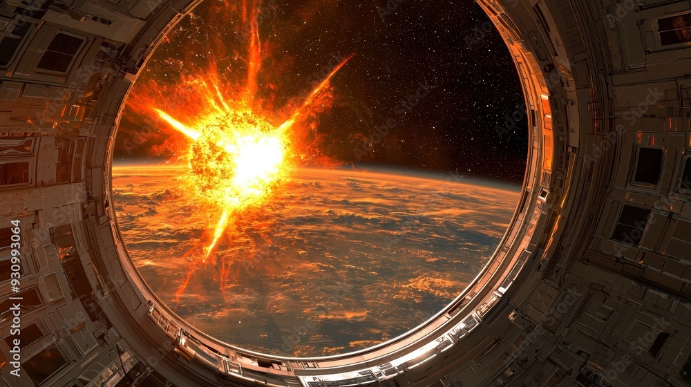 Poster spaceship window view of earth with sun explosion in the distance