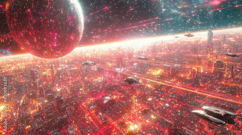 Poster futuristic cityscape with spaceships and red planet in orbit