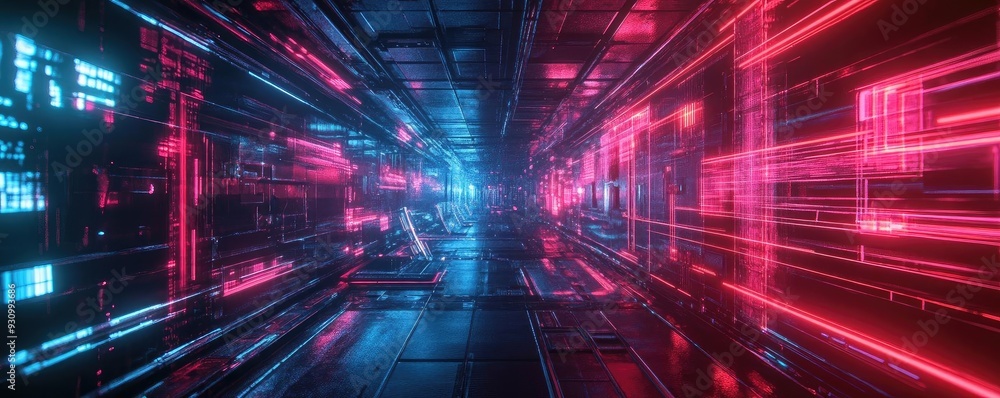 Poster Futuristic digital tunnel with vibrant blue and red neon lights, creating a dynamic and immersive atmosphere in a virtual space.