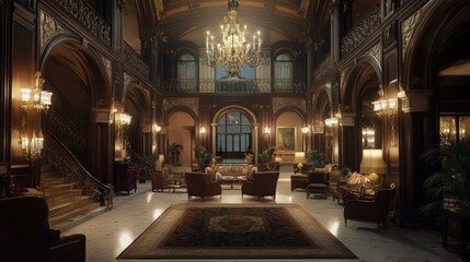 Obraz premium Luxurious mansion interior with grand staircase, ornate chandeliers, and plush seating.