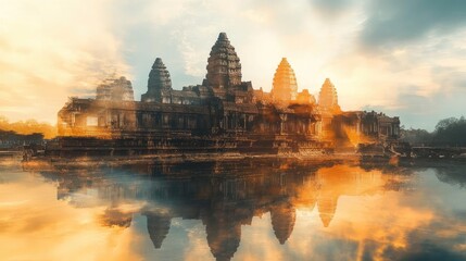 Fototapeta premium Majestic temple silhouette reflected in a serene water body during sunset, showcasing vibrant colors and rich cultural heritage.
