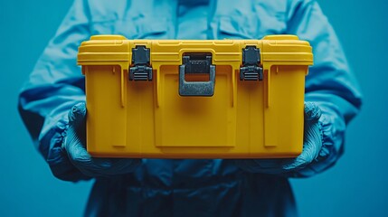 A worker wearing gloves holds a yellow tool box in one hand, representing readiness and safety for a construction or repair task