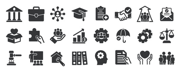 Social policy glyph solid icons collection. Containing content protection, economic, education, medicare. Minimal icon and symbol series vector illustration