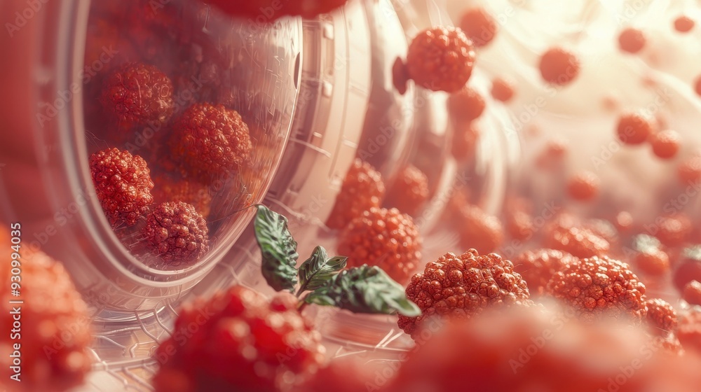 Poster red berries floating in a transparent sphere abstract background macro photography