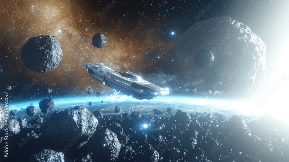 Poster futuristic spaceship flying through asteroid field in space