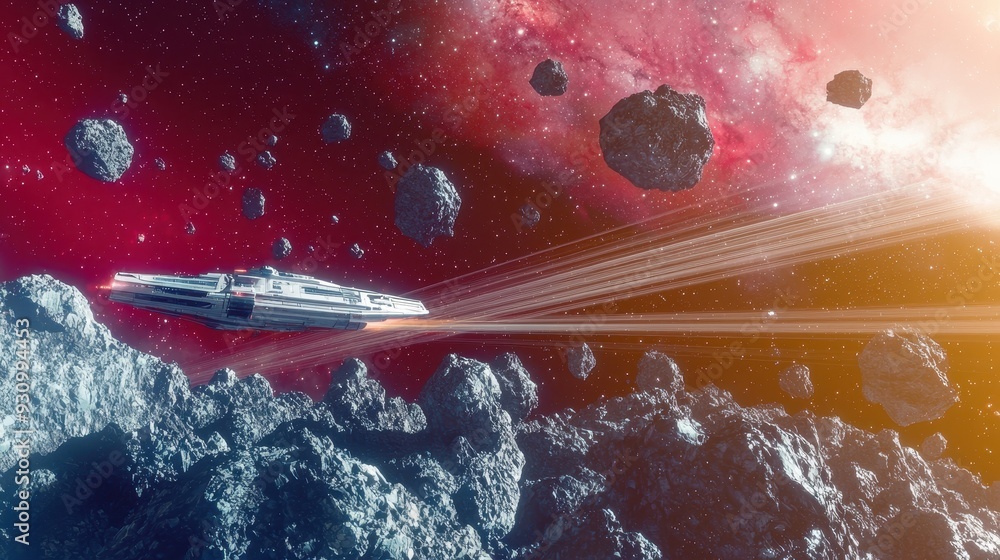 Poster futuristic spaceship flying through asteroid field in space