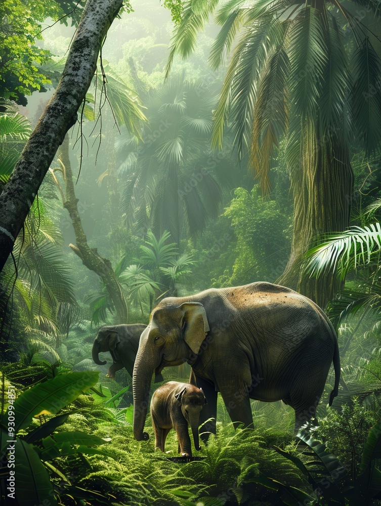 Poster a mother elephant gently guides her calf through dense greenery in a vibrant jungle under soft morni