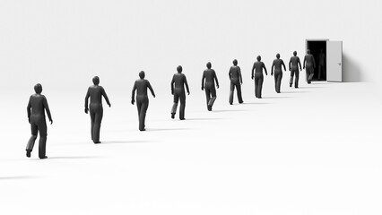 A group of people on a white background enter an open dark door. 3d render.