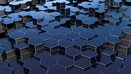 Fototapeta premium Abstract background of chaotic black hexagons. Abstract background in the form of honeycombs.