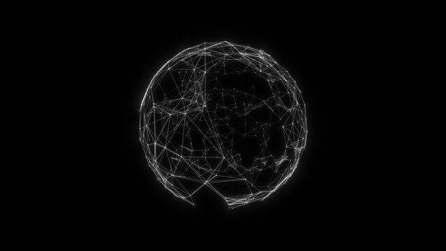 Abstract plexus sphere made of white dots and lines on a black background.