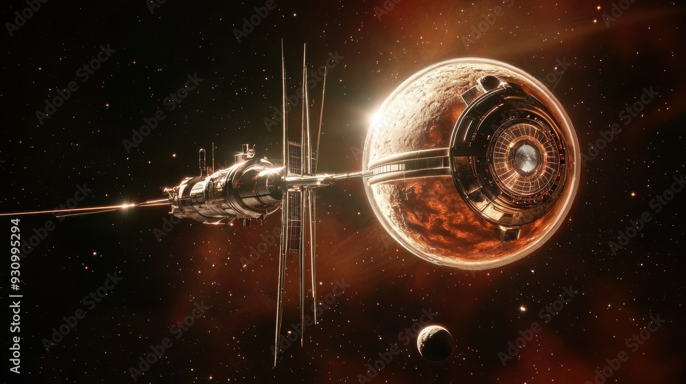 Poster futuristic space station orbiting a planet in space