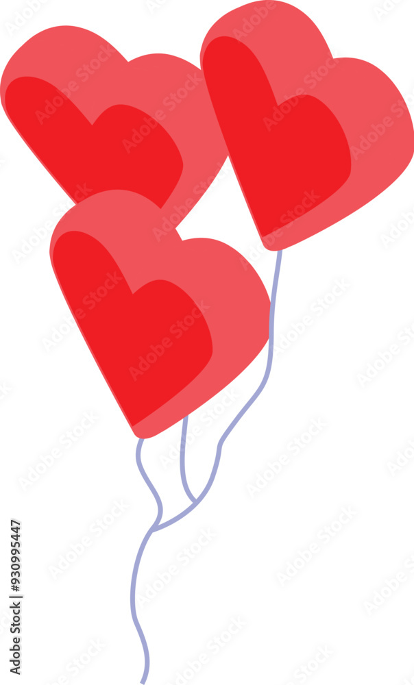 Aufkleber three red heart shaped balloons are floating with blue strings on white background
