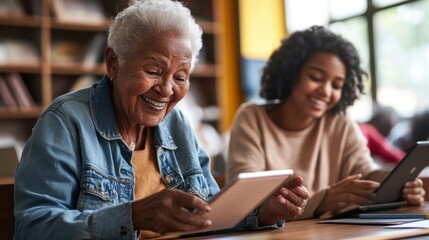 A senior citizen using a tablet in a technology class, with the help of a younger instructor, smiling as they learn new digital skills, representing the inclusivity and accessibility of modern