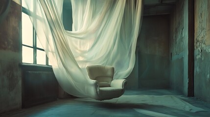 A Floating Chair in an Abandoned Room with Sheer Curtains